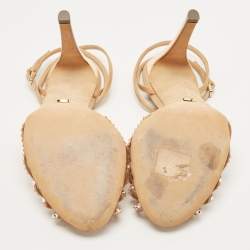 Pre Owned Sergio Rossi Gold Crystal Embellished Satin T-Bar Ankle Strap Sandals Size 36