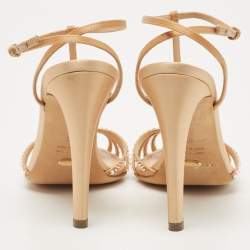 Pre Owned Sergio Rossi Gold Crystal Embellished Satin T-Bar Ankle Strap Sandals Size 36