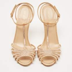 Pre Owned Sergio Rossi Gold Crystal Embellished Satin T-Bar Ankle Strap Sandals Size 36