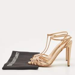 Pre Owned Sergio Rossi Gold Crystal Embellished Satin T-Bar Ankle Strap Sandals Size 36