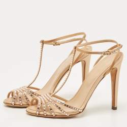 Pre Owned Sergio Rossi Gold Crystal Embellished Satin T-Bar Ankle Strap Sandals Size 36