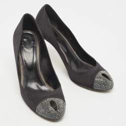 Pre Owned Sergio Rossi Black Satin Crystal Embellished Cap Toe Pumps Size 39