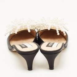 Pre Owned Sergio Rossi x Rosie Assoulin Black Satin Pearl Embellished Mules Size 39.5