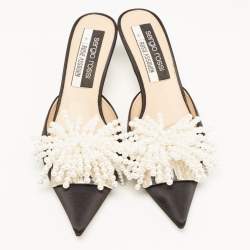 Pre Owned Sergio Rossi x Rosie Assoulin Black Satin Pearl Embellished Mules Size 39.5