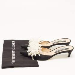 Pre Owned Sergio Rossi x Rosie Assoulin Black Satin Pearl Embellished Mules Size 39.5