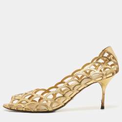 Pre Owned Sergio Rossi Metallic Gold Leather Laser Cut Peep Toe Pumps Size 41.5
