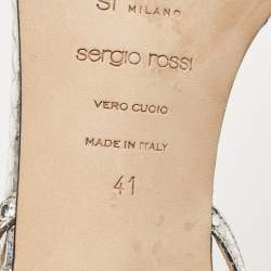 Pre Owned Sergio Rossi  Metallic Silver Python Embossed Leather Ankle Strap Sandals Size 41