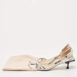 Pre Owned Sergio Rossi  Metallic Silver Python Embossed Leather Ankle Strap Sandals Size 41