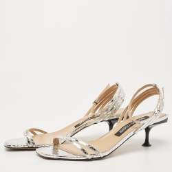 Pre Owned Sergio Rossi  Metallic Silver Python Embossed Leather Ankle Strap Sandals Size 41