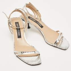 Pre Owned Sergio Rossi  Metallic Silver Python Embossed Leather Ankle Strap Sandals Size 41