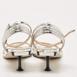 Pre Owned Sergio Rossi  Metallic Silver Python Embossed Leather Ankle Strap Sandals Size 41