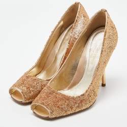 Pre Owned Sergio Rossi Gold Sequin Open Toe Pumps Size 36