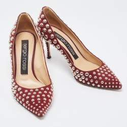 Pre Owned Sergio Rossi Burgundy Suede Embellished Pointed Toe Pumps Size 35.5