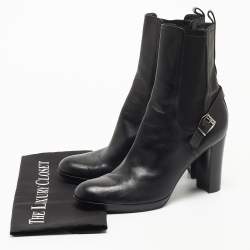 Pre Owned Sergio Rossi Black Leather Buckle Ankle Length Block Heel Boots Size 40.5