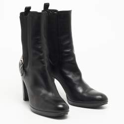 Pre Owned Sergio Rossi Black Leather Buckle Ankle Length Block Heel Boots Size 40.5