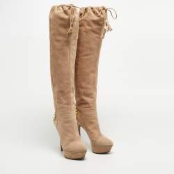 Sergio Rossi Beige Suede Knee Length Boots Size 38
