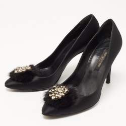 مملوكة مسبقًا Sergio Rossi Black Satin And Fur Pointed Toe Pumps Size 38