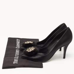 مملوكة مسبقًا Sergio Rossi Black Satin And Fur Pointed Toe Pumps Size 38