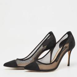 Sergio Rossi Black Suede And Mesh Pointed Toe Pumps Size 36.5