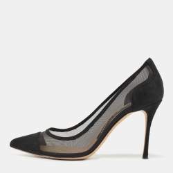Pre Owned Sergio Rossi Black Suede And Mesh Pointed Toe Pumps Size 36.5