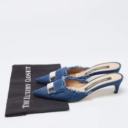 Pre Owned Sergio Rossi Blue Frayed Denim Pointed Toe Mules Size 38