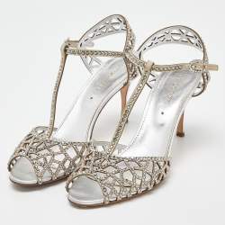 Pre Owned Sergio Rossi Silver Crystal Embellished Suede T-Bar Ankle Strap Sandals Size 38