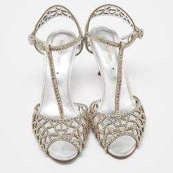 Pre Owned Sergio Rossi Silver Crystal Embellished Suede T-Bar Ankle Strap Sandals Size 38