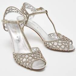 Pre Owned Sergio Rossi Silver Crystal Embellished Suede T-Bar Ankle Strap Sandals Size 38