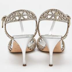 Pre Owned Sergio Rossi Silver Crystal Embellished Suede T-Bar Ankle Strap Sandals Size 38