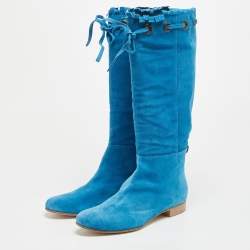 Pre Owned Sergio Rossi Blue Suede Bow Knee Length Boots Size 40