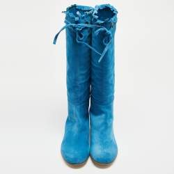 Pre Owned Sergio Rossi Blue Suede Bow Knee Length Boots Size 40