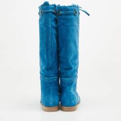 Pre Owned Sergio Rossi Blue Suede Bow Knee Length Boots Size 40