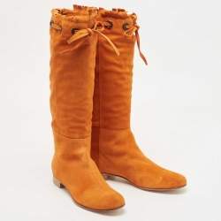 Pre Owned Sergio Rossi Orange Suede Bow Knee Length Boots Size 40