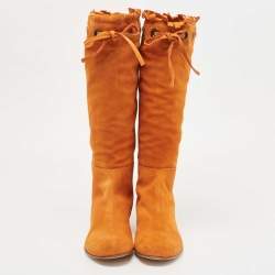 Pre Owned Sergio Rossi Orange Suede Bow Knee Length Boots Size 40