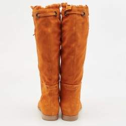 Pre Owned Sergio Rossi Orange Suede Bow Knee Length Boots Size 40