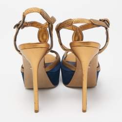 Sergio Rossi Navy Blue/Copper Suede and Leather T-Bar Platform Ankle Strap Sandals Size 39