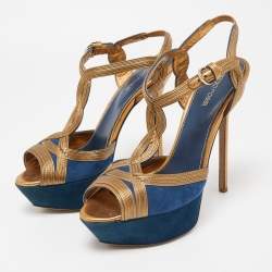 Sergio Rossi Navy Blue/Copper Suede and Leather T-Bar Platform Ankle Strap Sandals Size 39