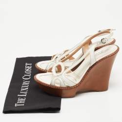 مملوكة مسبقًا Sergio Rossi White Cut Out Leather Slingback Wedge Sandals Size 36.5