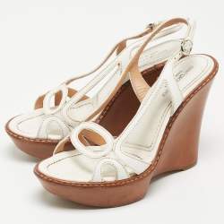 مملوكة مسبقًا Sergio Rossi White Cut Out Leather Slingback Wedge Sandals Size 36.5