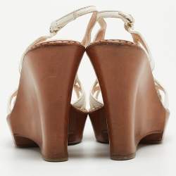 مملوكة مسبقًا Sergio Rossi White Cut Out Leather Slingback Wedge Sandals Size 36.5