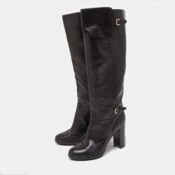 Pre Owned Sergio Rossi Black Leather  Buckle Detail Knee Length Boots Size 38