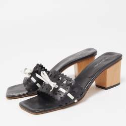 Sergio Rossi Black/White Laser Cut Leather Bow Detail Slide Sandals Size 37.5