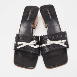 Sergio Rossi Black/White Laser Cut Leather Bow Detail Slide Sandals Size 37.5