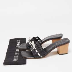 Sergio Rossi Black/White Laser Cut Leather Bow Detail Slide Sandals Size 37.5