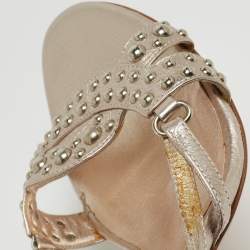 Pre Owned Sergio Rossi Metallic Pink Leather Embellished Slide Sandals Size 37.5