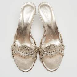 Pre Owned Sergio Rossi Metallic Pink Leather Embellished Slide Sandals Size 37.5