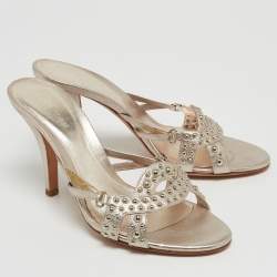 Pre Owned Sergio Rossi Metallic Pink Leather Embellished Slide Sandals Size 37.5