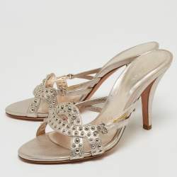 Pre Owned Sergio Rossi Metallic Pink Leather Embellished Slide Sandals Size 37.5