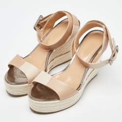 Pre Owned Sergio Rossi Beige Leather Espadrille Wedge Ankle Strap Sandals 39