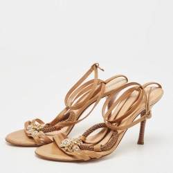 مملوكة مسبقًا Sergio Rossi Brown Leather Crystal Embellished Strappy Sandals Size 38